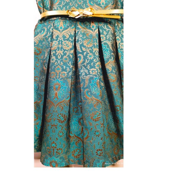 Floral Jacquard Holiday Dress in Green Girls 10 - Picture 9 of 16